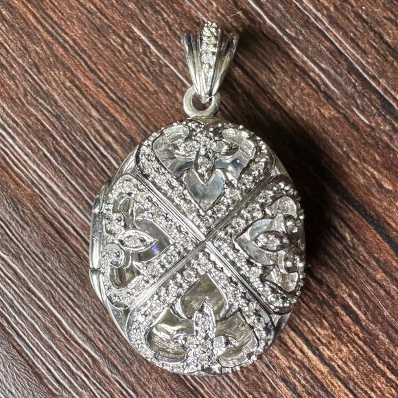 925 Sterling Silver STS Real Diamond Ornate Filigree Oval Locket Pendant Vintage - Picture 2 of 12